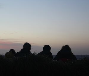 Three expeditioners sitting on a tussock covered rock stack silhouetted against a pink tinged sunset