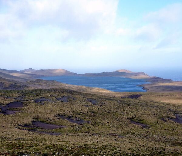 Looking west from the overland track across Major Lake with the ocean visible beyond