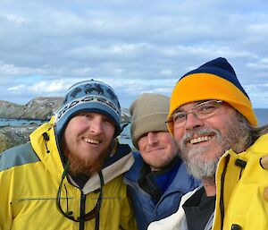 A close up of Aaron, Tom and Barry at the lookout. North Head is in the background