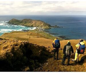 View of North Head and the station from the top of the Doctors track. In the foreground, Josh, Dominic and Wim take in the view