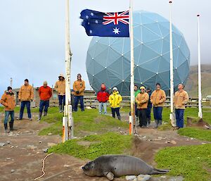 Thirteen of the expeditioners contemplate a minutes silence in front of an Australian flag at half-mast. In the foreground is a lone elephant seal weaner with the ANARE sat dome in the background