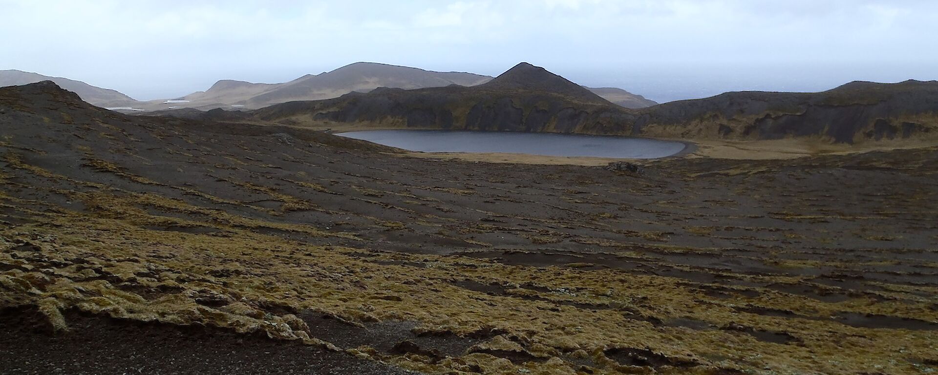 'Moonscape’ of gravel interspersed with ground cover plants above Lake Ifould. There are hills and valleys in the background behind the lake