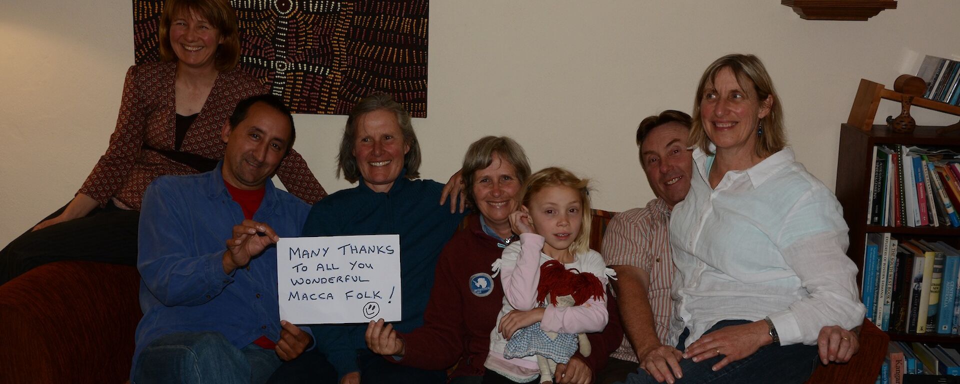 Thanks to everyone on Macca from staff at the RTBG. There are 6 adults including Nat and a little girl on her lap, all sitting on a lounge settee