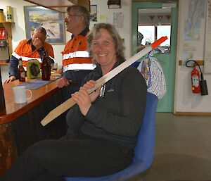 Natalie with her ‘care’ package which consisted of a track marker and goodies wrapped in a tea towel attached to one end