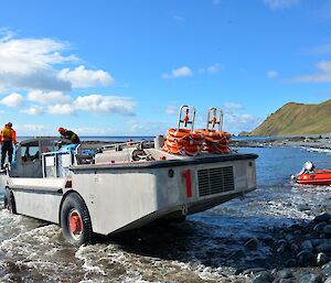 Loaded LARC just entering the water at Landing Beach, on its way back to the Aurora Australis