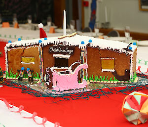 Gingerbread house modelled from Chalet Green Gorge a hut on the Island.
