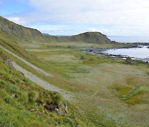 View across the west coast featherbed, Langdon Bay and Langdon Point, from halfway up the slope of the escarpment