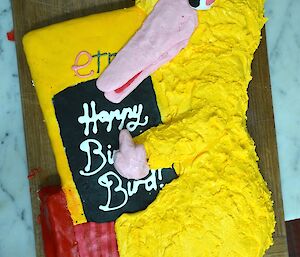 Greg’s Bird’s birthday cake. The cake is in the shape of ‘Big Bird’ holding a large eTrex GPS.