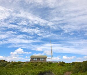 From the west coast of the isthmus — The Clean Air Lab amongst the coastal tussock, with different levels of cloud