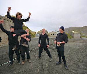 Victory celebration by some of the New Zealand team. In the picture is Keith, Jack, Nick, Mike and Pete, with anchorman Billy on the shoulders of Jack and Nick