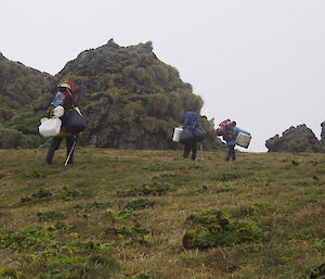 Packhorses: Clive, Kris and Keith crossing the featherbed. Each has their backpack loaded with marine debris, including large plastic containers, A small gas cylinder, plastic bags filled with debris, a 20 litre bucket and Kieth is carrying the large piece of styrofoam