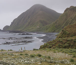 Brothers Point Hut seen in the distance fro the lookout above Sandy Bay