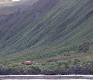 Waterfall Bay hut can be seen on the gentle grassy slope just above the coast, with the steeper slopes of the east coast escarpment in the background