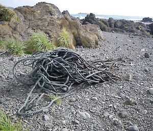 Rope pile on the rocky beach north of Bauer Bay — still to be collected. The nylon rope is dark blue in colour and approximately 25mm in diameter