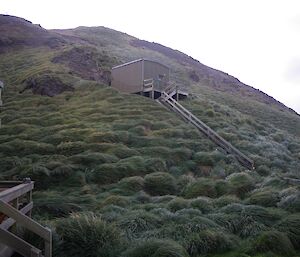 Present day seismic building at the station — view from Garden Cove accommodation. The building around 15 metres up the Wireless Hill track