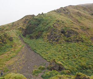 The notebook is gone at waypoint 68. Kate can be seen in the far left of picture walking across the the slope of the escarpment, just about to enter a patch of bare earth exposed by a landslip. On magnification the notebook has gone missing from the side of Kate’s pack