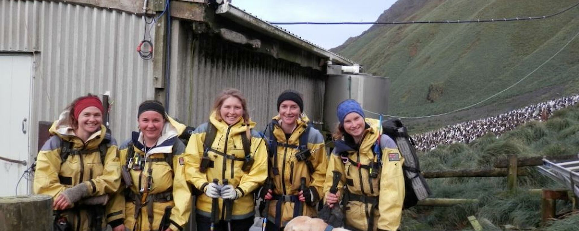 Ange, Leona, Jaimie, Kate and Karen outside of Hurd Point hut all geared up ready to head back to VJM