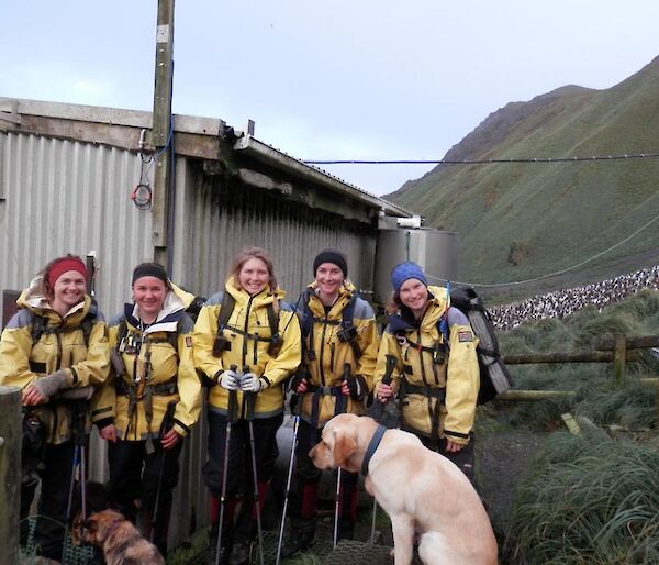 Ange, Leona, Jaimie, Kate and Karen outside of Hurd Point hut all geared up ready to head back to VJM
