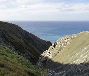 The view down Gadgets Gully out across the Southern Ocean