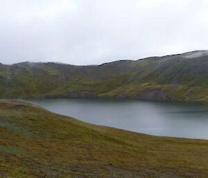 The view of the ‘L’ shaped Waterfall Lake in the mist on the way out to Cape Star