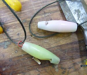 Squid jig whistles completed on the workshop bench