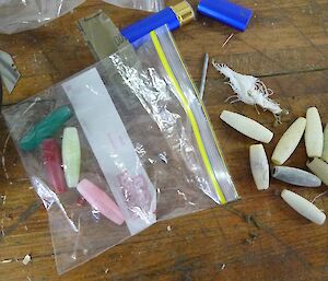 Colourful squid jigs before conversion to whistles
