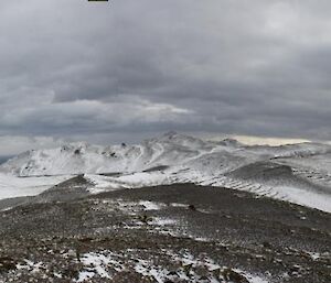 Macquarie Island dog handler Nancye on the plateau on a snowy day