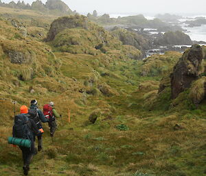 Three expeditioners walking amongst high rock stacks beside a rocky coast