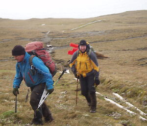Two rangers walking carrying bundles of track markers