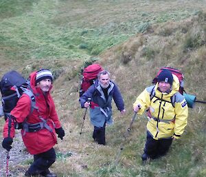 Three expeditioners climb a grassy slope