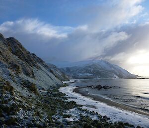 Snowy coastal scene