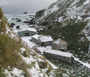 View of station buildings in the snow