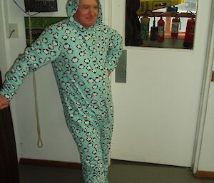 Expeditioner wearing one piece pyjama suit and flippers