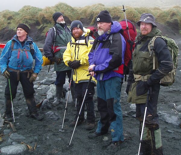 Five expeditioners on a walk