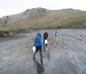 three expeditioners carrying buckets on beach walk