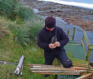 Ranger Chris doing track maintenance at the ship visitor walking track at Sandy Bay