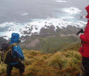 Two expeditioners standing at the top of a steep slope looking down to the coast
