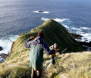 An expeditioner and the ranger descend the track to Secluded Cove from Wireless Hill on North Head