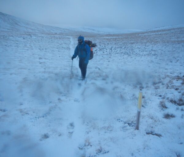 Ranger in the field on an awful day with low visibility and lots of snow