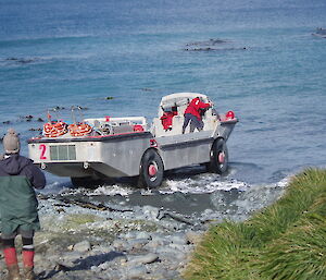 Into the water at the launching beach