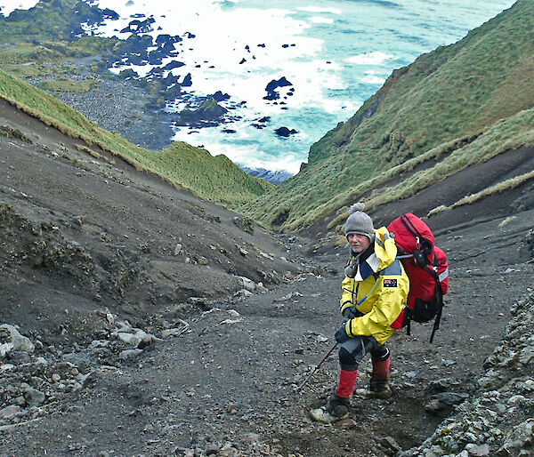 Expeditioner on a steep slope covered in soil but flanked by moss, looks back at the camera with the ocean and rocks behind him