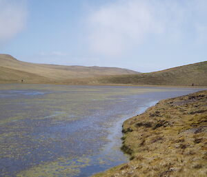 Tulloch Lake on the plateau, two skua nest searchers in the distance