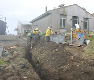 Trench excavation with expeditioners and small excavator