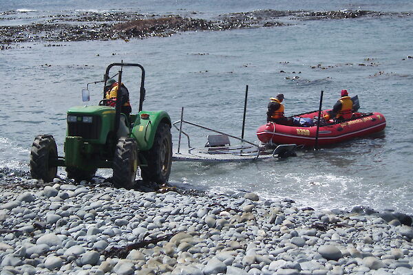 Launching a Zodiac IRB by tractor