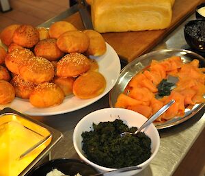 Bread, bagels, spinach, salmon and juices being some of the food prepared for Christmas Day brunch