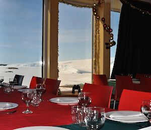 The dinner table on Christmas Day with the million dollar views over the sea ice and ice cliffs in East Bay