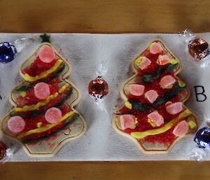 The two Christmas cookies decorated with exactly teh same ingredients but displayed differently