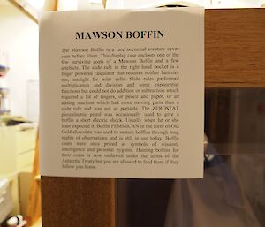 A desription of the Mawson boffin as displayed on the Boffin Museum in Aeronomy