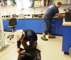 Two expeditioners setting up the Corn Flour Monster test