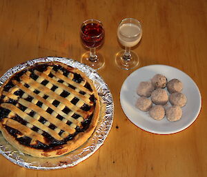 Chocolate, cherry and pear tart and Bailey Balls, port and baileys